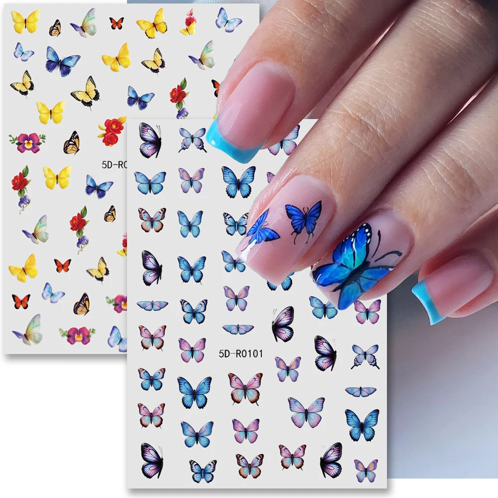 2pcs Embossed Cartoon Butterfly Nail Art Stickers Blue Morpho Butterfly Flower Nail Decals Self-Adhesive Butterfly Decorations