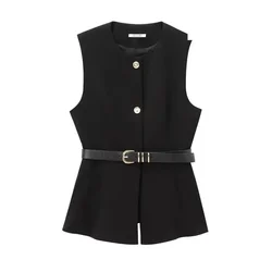 Lady Vests Black O-neck Sashes Vests Vintage Knit Vest Autumn New Products Ladies Tops Sleeveless Women's Classic Vest
