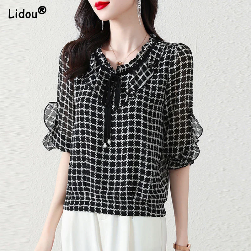 

Summer Casual Fashion Straight Plaid Print All-match Korean Elegant T-shirts Chiffon Thin Popularity Grace Women's Clothing 2022