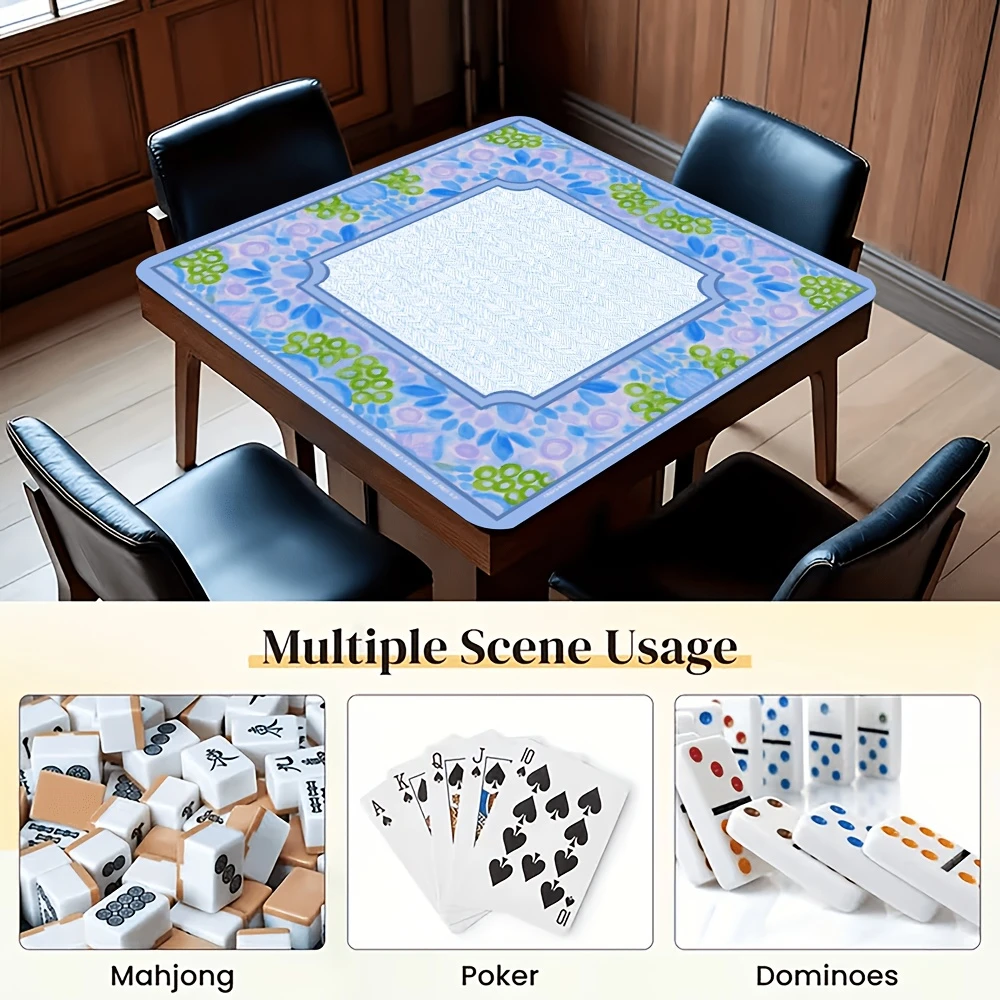 VIKAMA Blue Purple Floral Print Mahjong Pad Anti Noise Rubber Game Mat Multifunctional Poker Dining Protector Home Decor Cover