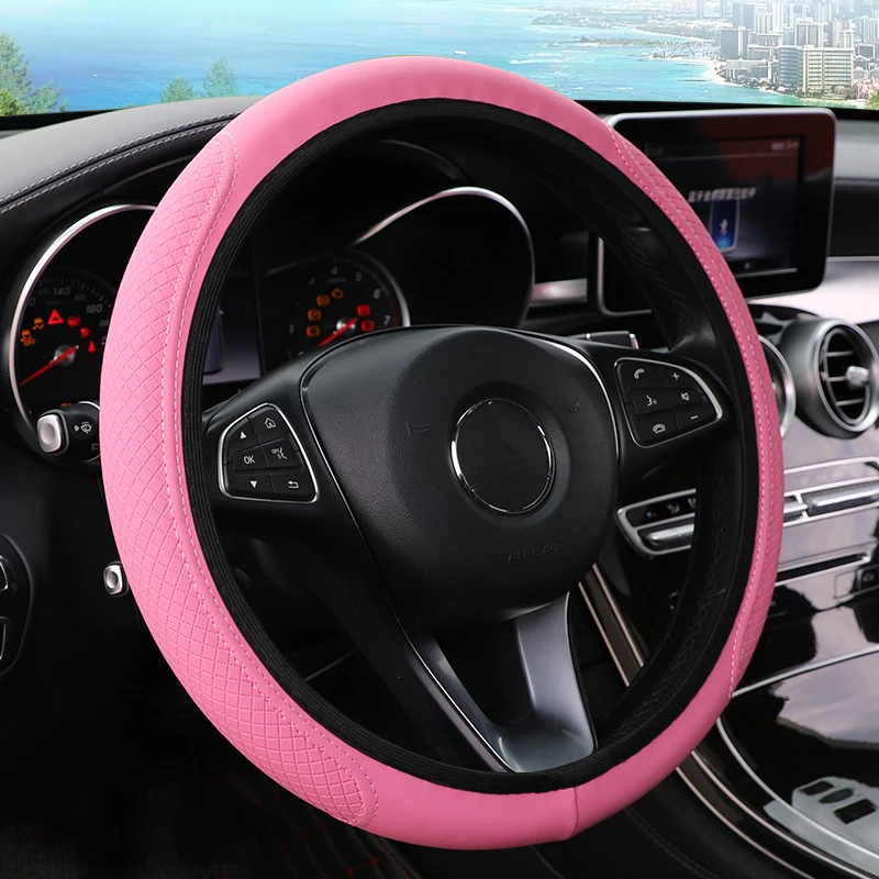 Car Steering Wheel Cover Breathable Anti Slip PU Leather Steering Covers Suitable 37-38cm Auto Decoration Carbon Fiber