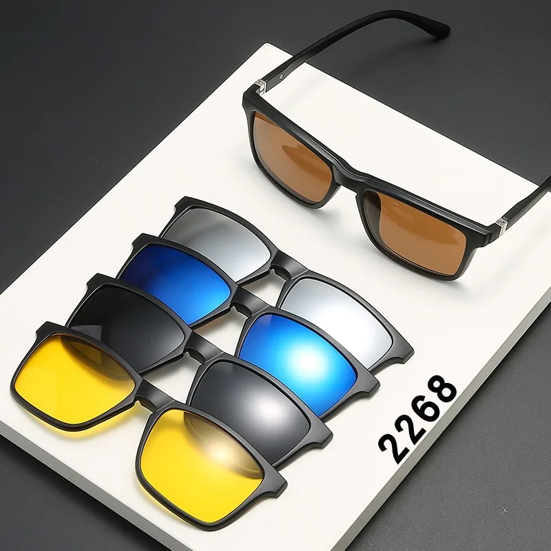 

6 In 1 Spectacle Frame Men Women With 5 PCS Clip On Polarized Sunglasses Magnetic Glasses Male Computer Optical 2268