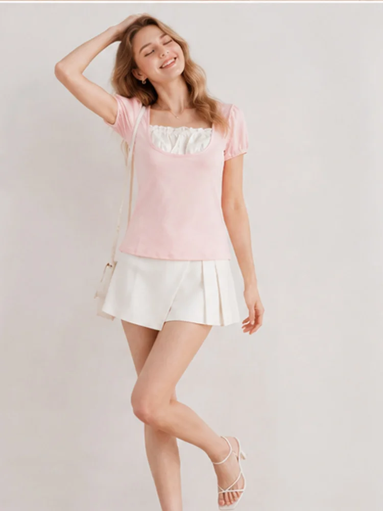 Summer Women Y2K Coquette Cute Sweet Square Neck Puff Short Sleeve Mock Two Piece Ruffle Decor Bodycon Slim Fit Tee T-shirt