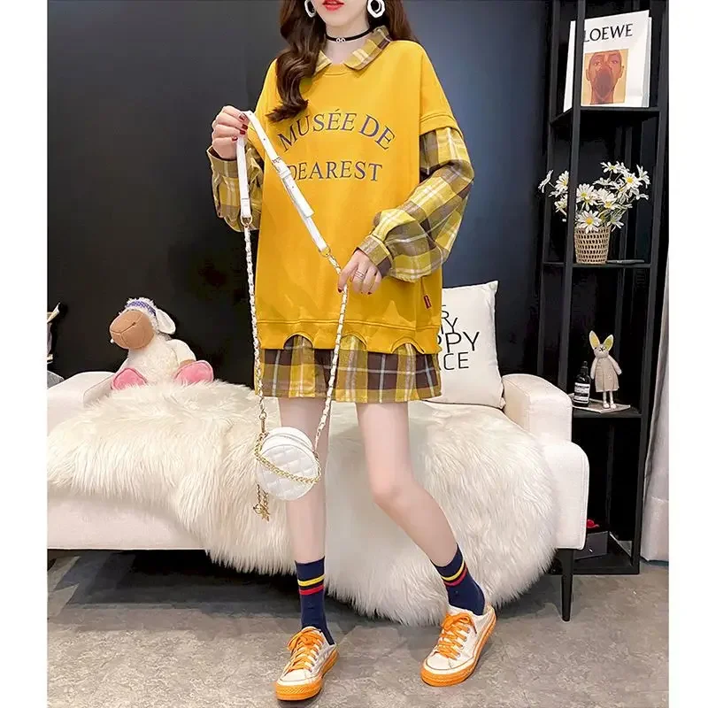 2024 Spring Autumn Women Pullover Plaid Stitching Fake Two-piece Jacket Thickening Korean Loose Large Size Top Harajuku Clothes