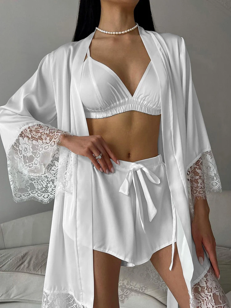 Hiloc Elegant White Satin Belt Robe Pajamas 3 Pieces Sets Summer Solid Sexy Bra Sleepwear 2024 Lace-Up Shorts Suits Night Wears