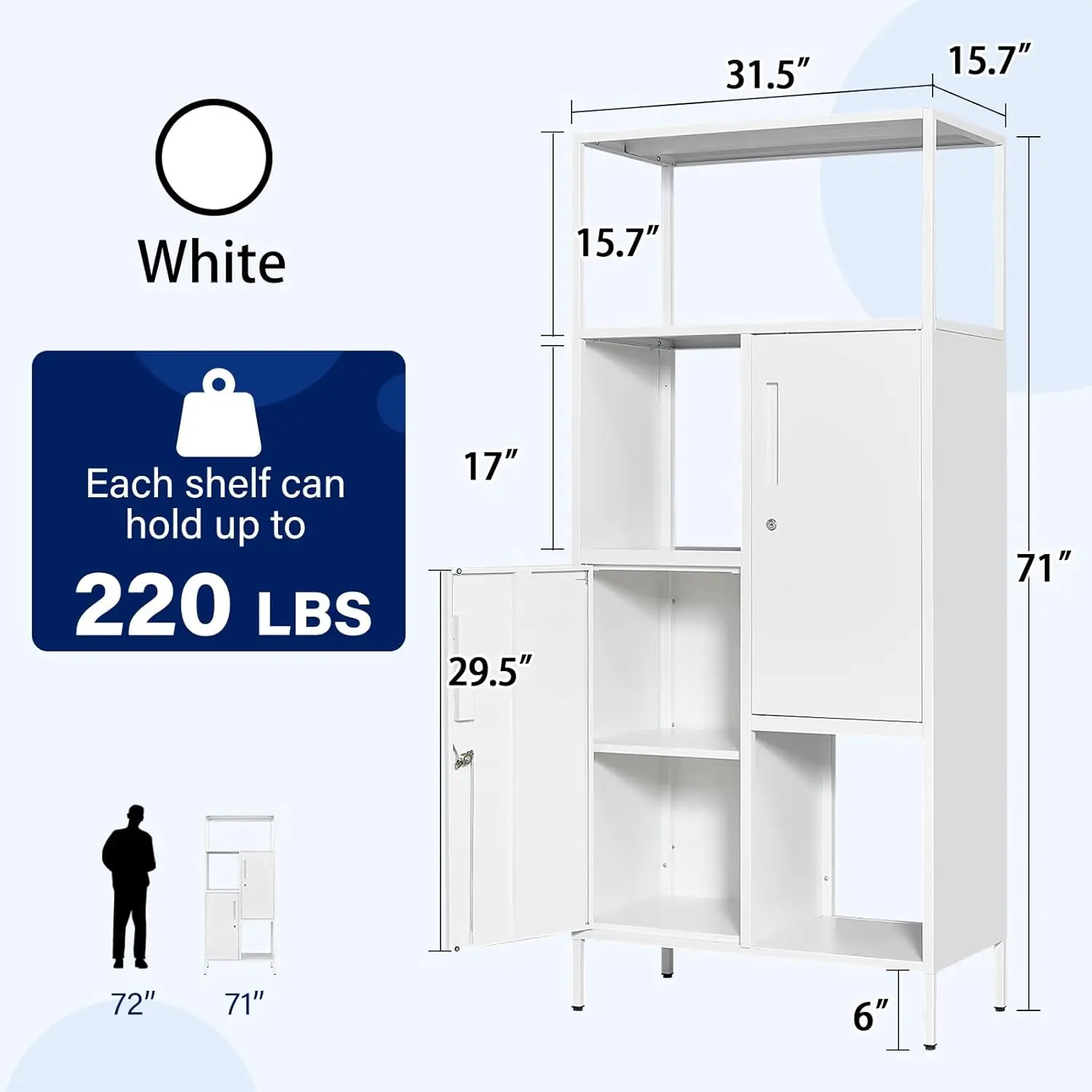 Bookcase with Doors,Industrial Display Standing Shelf with Lock,Metal Storage Shelves for Living Room, Bedroom,Home Office White