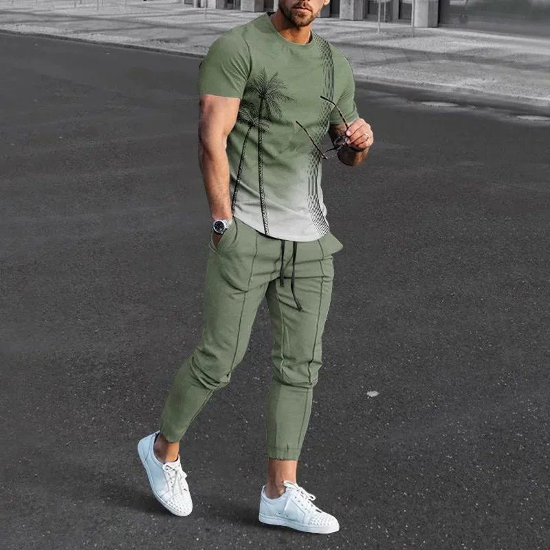Conjunto de camisetas y pantalones de chándal con estampado 3D de árbol de coco Hawaiano para hombre, camiseta de manga corta de gran tamaño, ropa