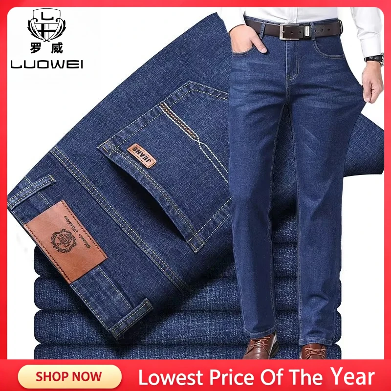 Autumn Winter Stretch Men's Jeans Business Classic Work Classic Denim Pants Straight Thick Cotton Trousers Male Plus Size 28-40