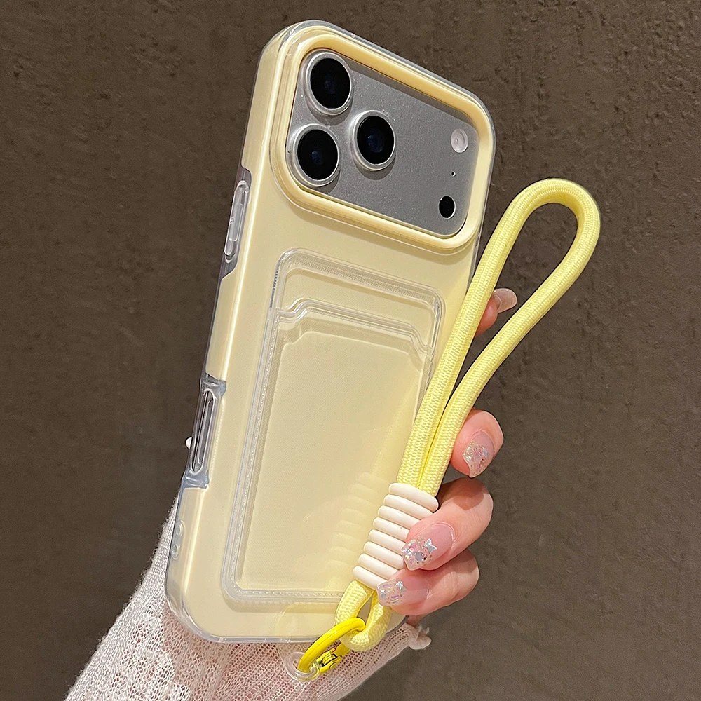 Candy Color Card Slot Holder Phone Case For iPhone 18 17 16 15 14 13 12 11Pro Max Air Wrist Strap Shockproof Cover With Lanyard
