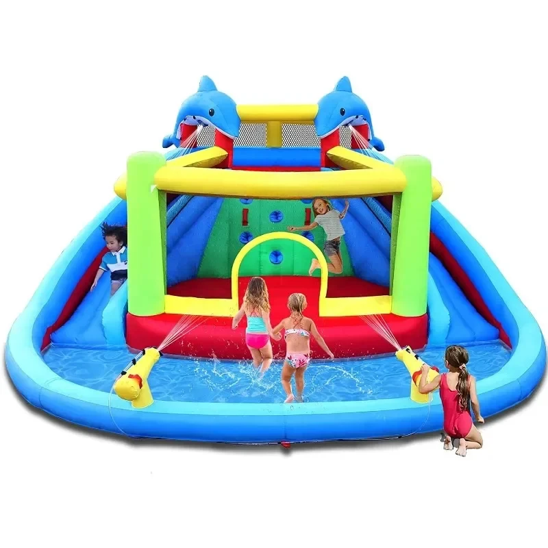 Inflatable Water Slide with Bounce House,Dolphin Styling,Splashing Pool Inflatable Water Park for Kids Backyard Summer