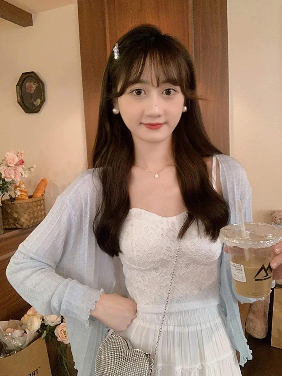 

ANLI Soft Blue Lace Knitted Cardigan And Tank Top Two-Piece Set Women's Fashionable Casual Wear Age 18-25 Autumn Season