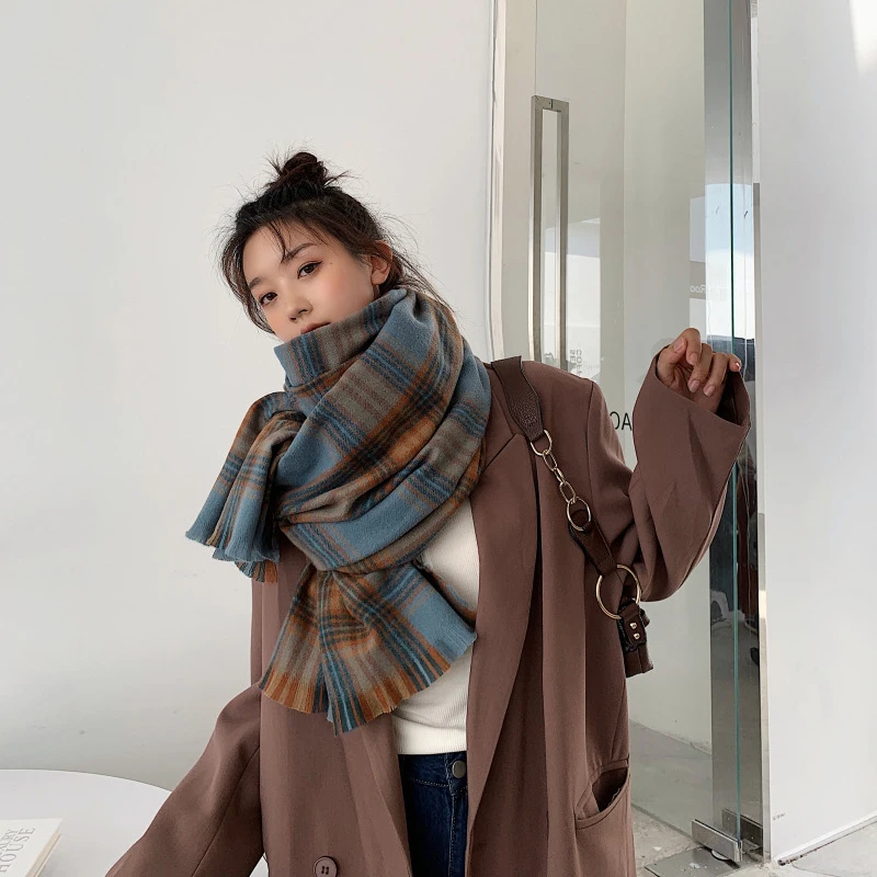 

Elegant Scarf For Women Imitation Cashmere Vintage Plaid Winter Casual Student Warm Female Thick Blanket Long Wrap Shawl Unisex