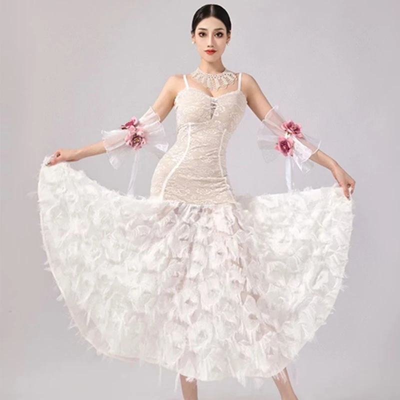 Ballroom Dance Competition Dress Women White Feather Lace Prom Dress Adult Social Dance Dress Waltz Performance Costume BL12103