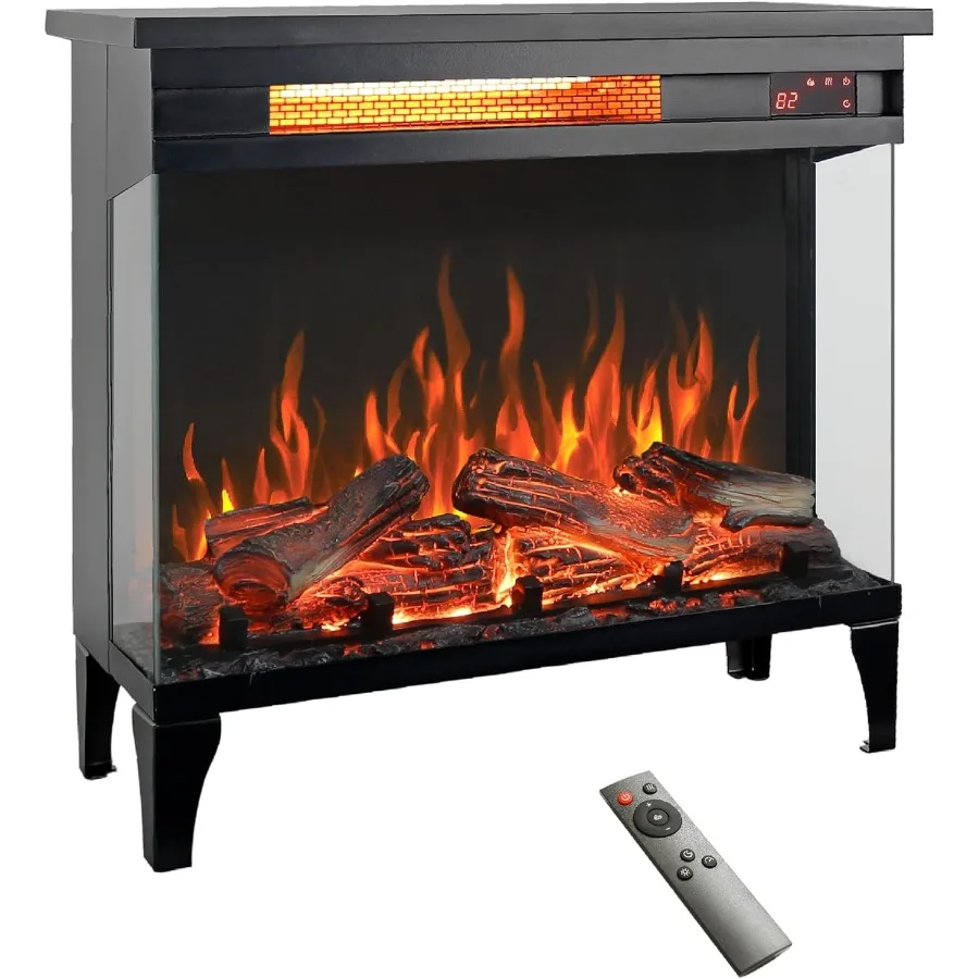 

24 Electric Fireplace Heater with 3Sided Glass Design for Cozy Indoor Ambiance Adjustable 4 Flame Colors Remote Control Timer F