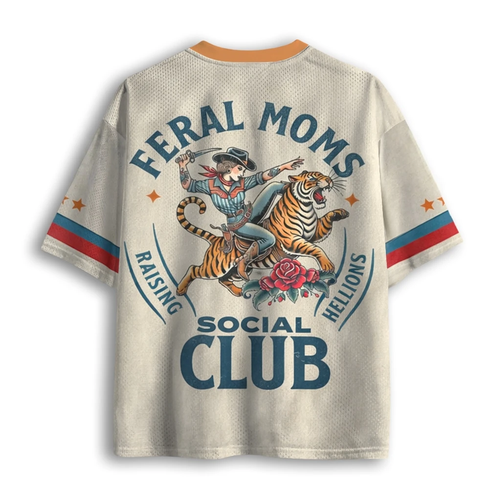 Vintage Western Cowgirl Riding Tiger Retro Tattoo Print Color Block Mesh V Neck Loose Football Jersey T-shirt