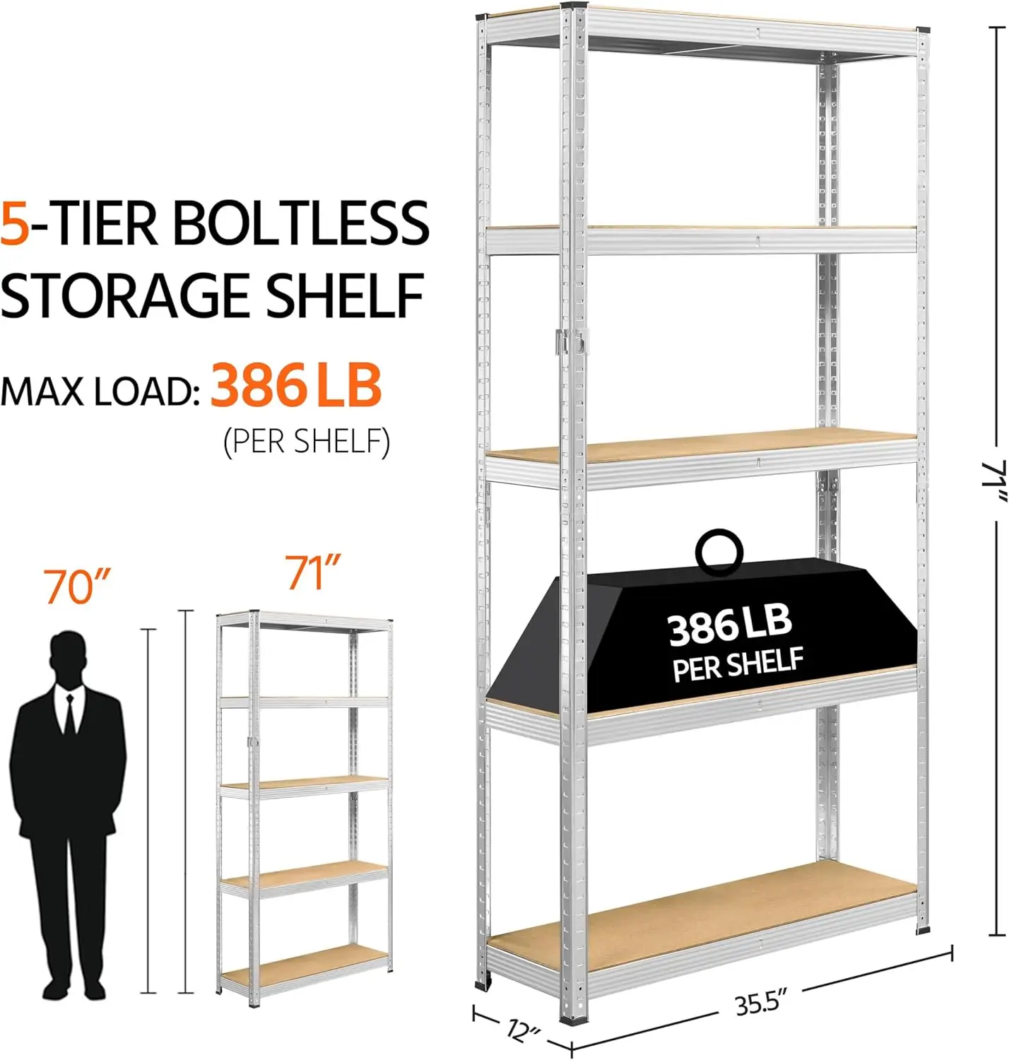 رف تخزين وحدة أرفف مجلفن قابل للتعديل مكون من 5 طبقات، رف تخزين بسعة 875 كجم، أرفف معدنية، سقيفة، مكتب، المنزل