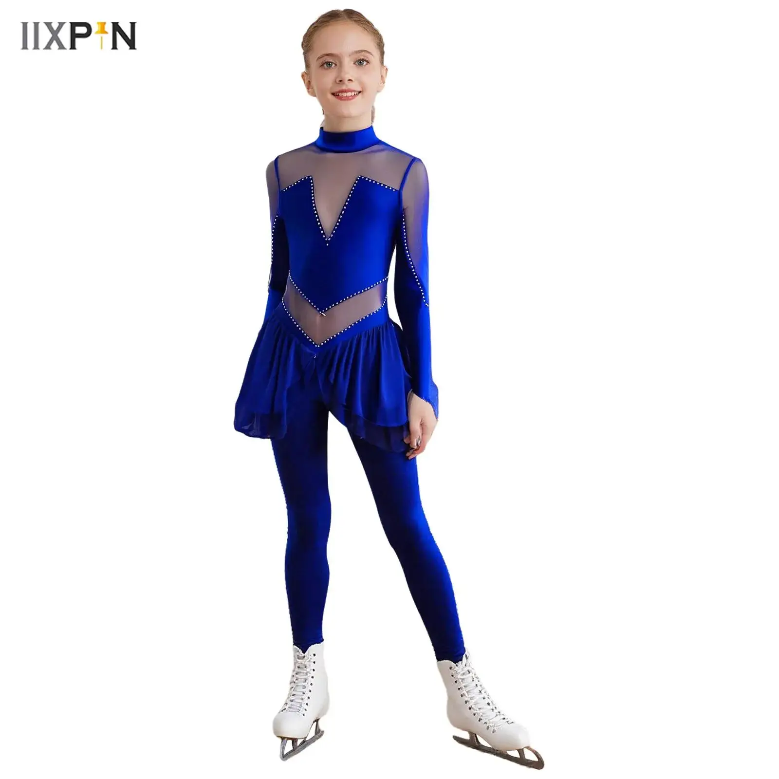 

Kids Girls Figure Skating Performance Jumpsuit Long Sleeve Sheer Mesh Patchwork Shiny Rhinestones Bodysuit Acrobatic Gymnastics