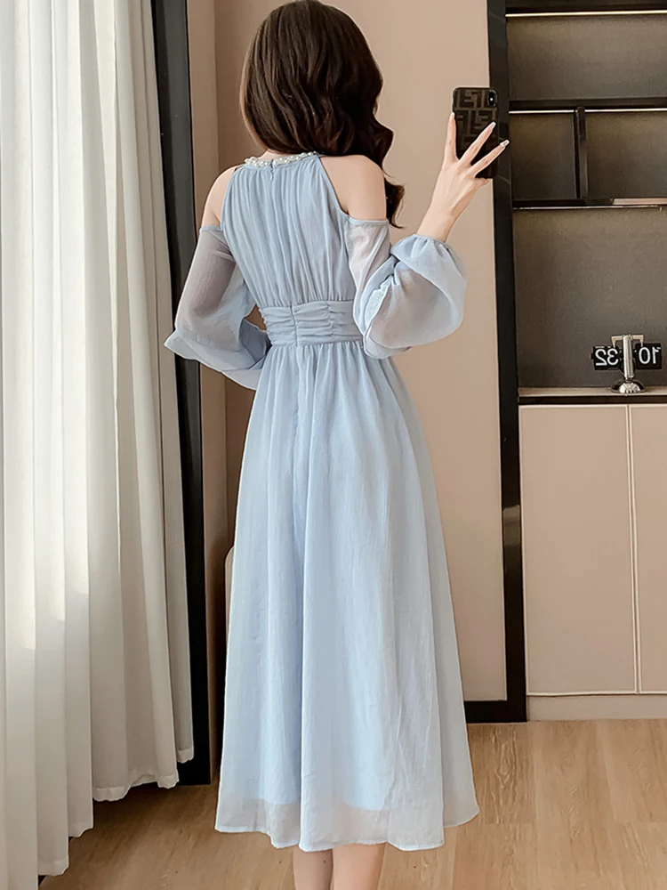 Women Blue Chiffon Off Shoulder Sexy Long Dress Spring Elegant Chic Diamonds Casual Dress 2024 Korean Fashion Bodycon Prom Dress