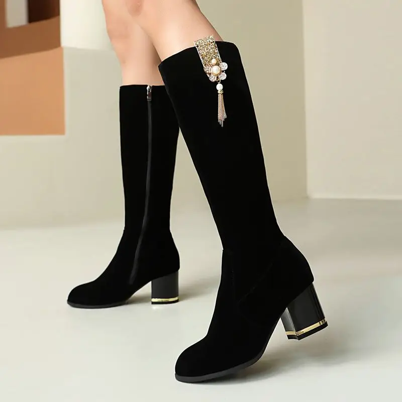 ASILETO Flock Suede Female Knee High Boots Round Toe Block Heels Red Size 42 43 Fashion Booties