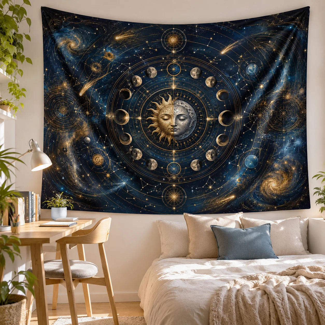 Celestial Sun Moon Phase Wall Tapestry Galaxy Astrology Starry Sky Hanging Decor for Dorm Bedroom Gaming Room