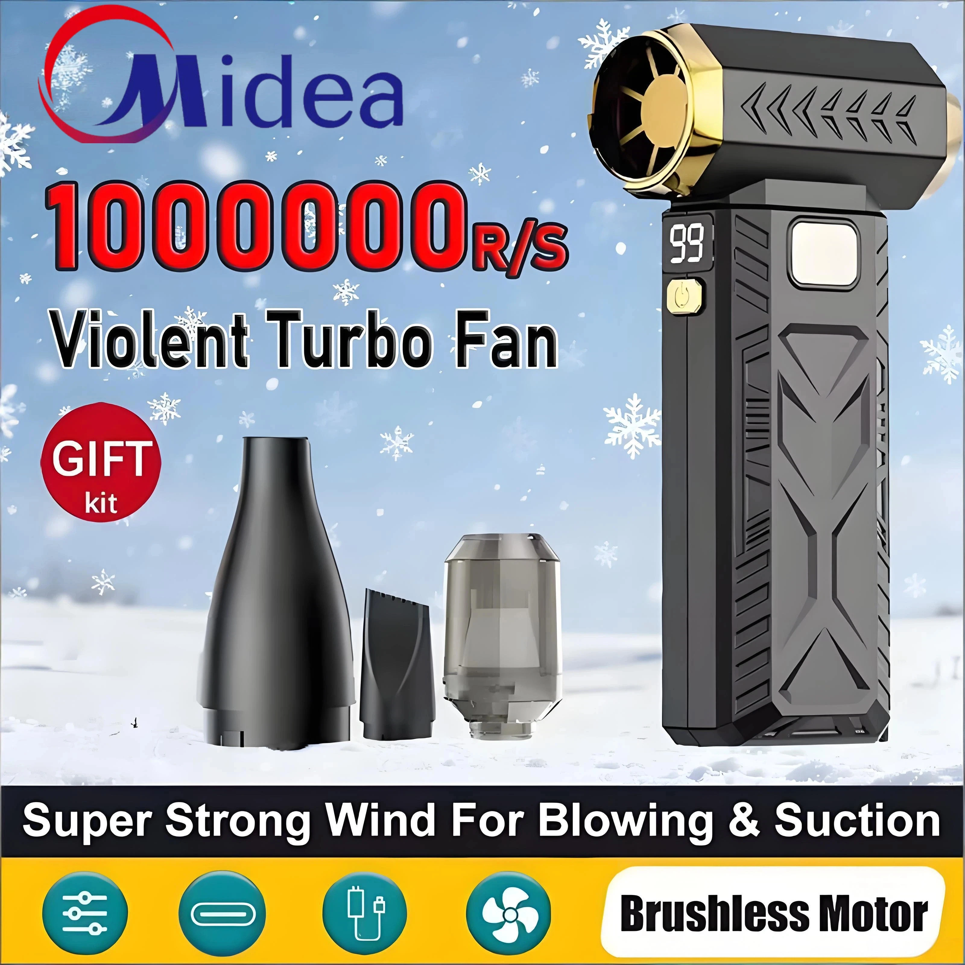 

Мощный вентилятор Midea Violent Fan 400000 об/мин, воздуходувка-пылесос, зарядка, сильный поток воздуха 55 м/с, бесщеточный турбовентилятор, сухая уборка