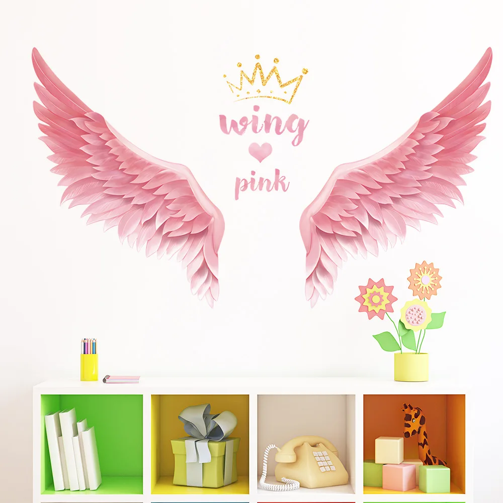 Pink Wings Crown Anime Wall Stickers For Kids Room Decoration Girl Room Decortion Wall Decor Bedroom Accessories Home Decor