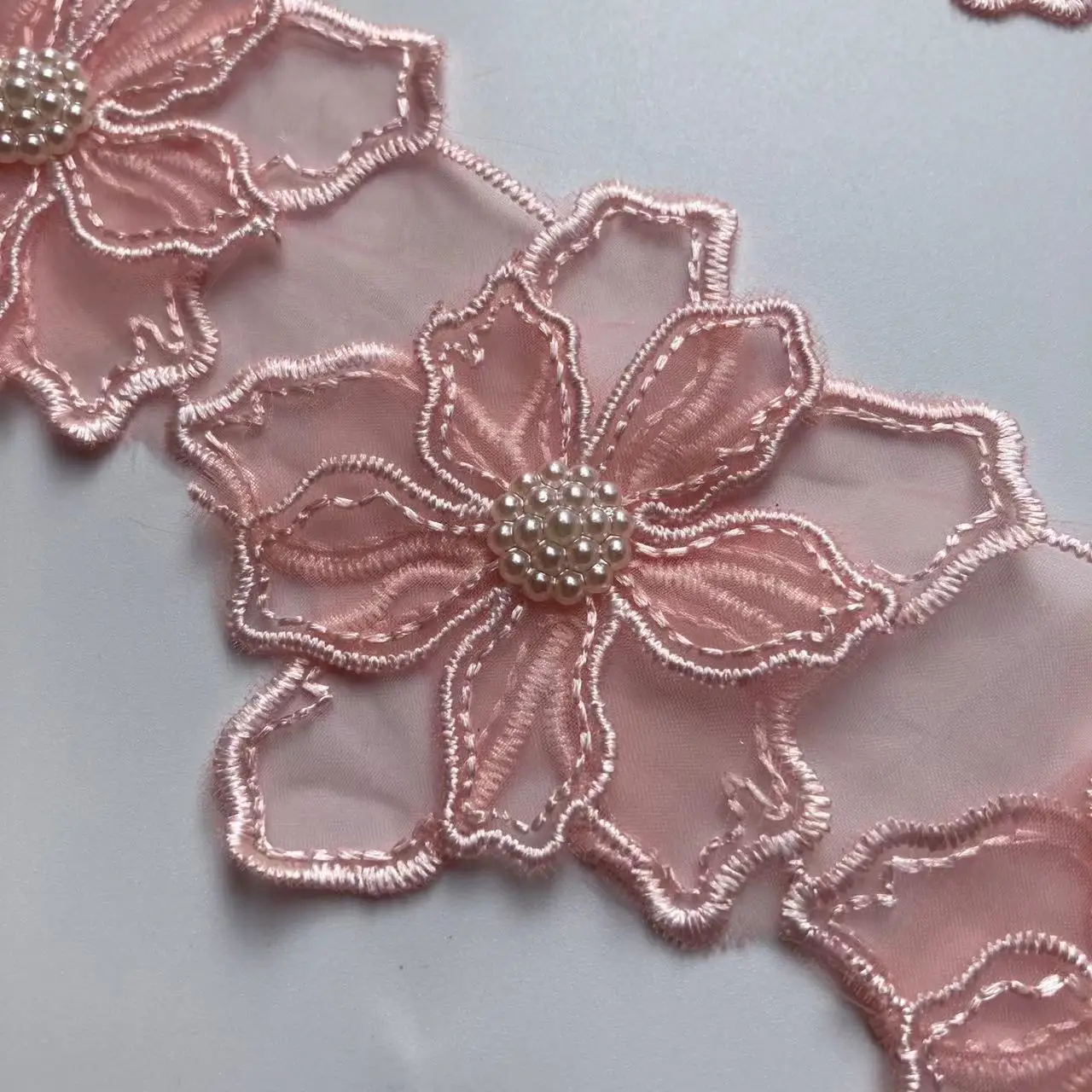 1 Yard 7.5cm Pink Pearl Beaded Embroidered Flower Lace Trim Floral Applique Patches Fabric Sewing Craft Vintage Wedding Dress