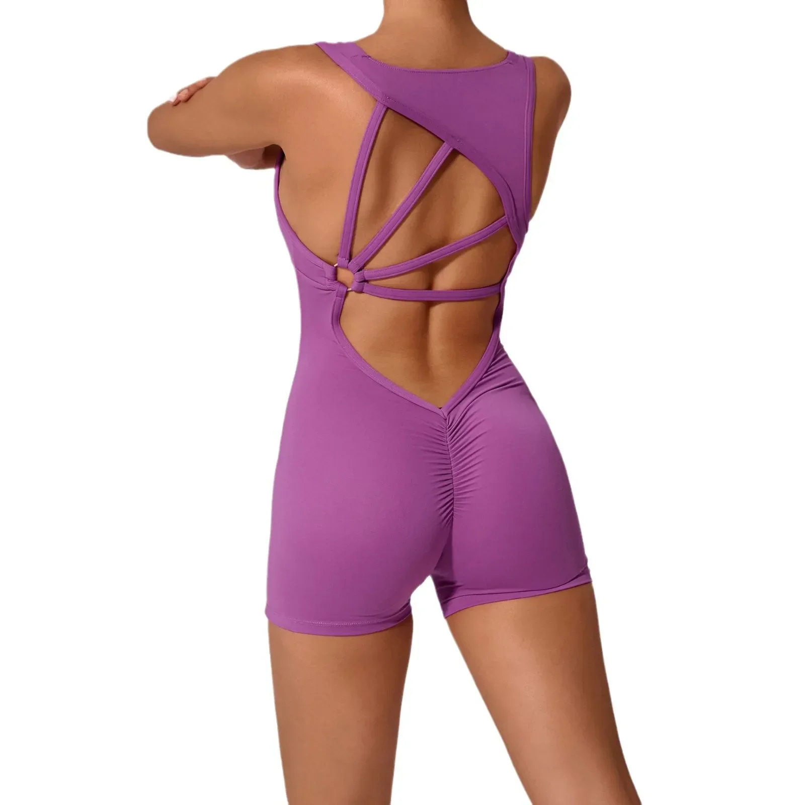 Seamless Yoga Jumpsuits Pleated Peach Hip Quick Drying Fitness Training Dance Backless Suits Workout Gym Shorts Sets for Women