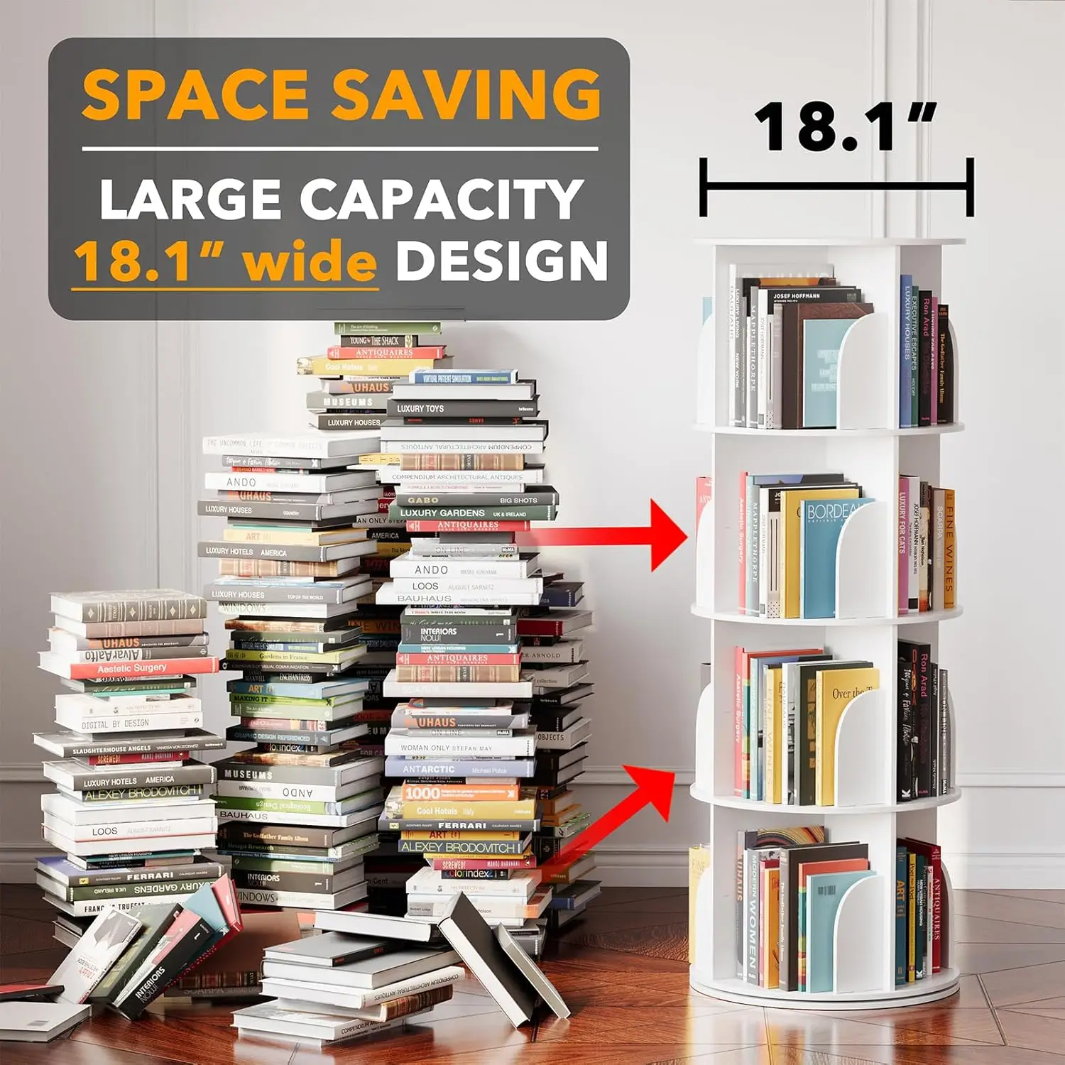 4-Tier Rotating Bookshelf and 5-Tier Spinning Shoe Rack Tower for Space-Saving Home Organization