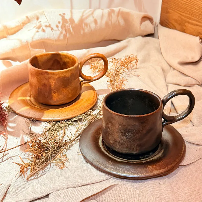 Vintage Kiln Glaze Ceramic Coffee Cup And Saucer Set Handmade Japanese Style Latte Mug 300ml