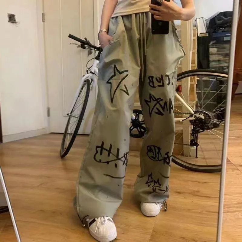 American Streetwear Cargo Pants New Hand Painted Graffiti Pants Drawstring Design Wide Leg Trousers Straight Leg Chic Slack Y2k