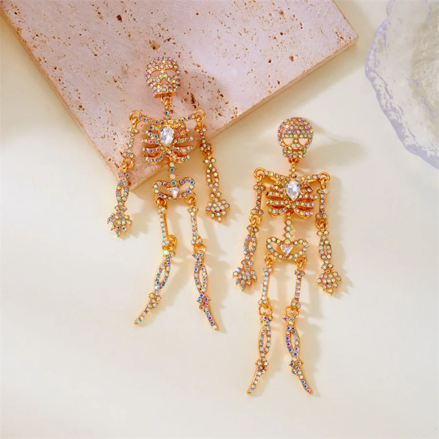 1 Pair Exaggerated and Funny Alloy Earrings with Skull Bones A Trendy and Diamond-encrusted Halloween Accessory for Women