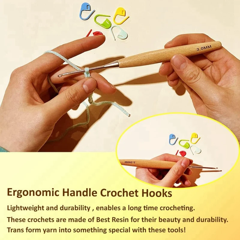 8 قطع من خطافات الكروشيه الخشبية 3.0 مم - 6.5 مم، مجموعة خطافات كروشيه بمقبض مريح سهلة الاستخدام بلون الخشب