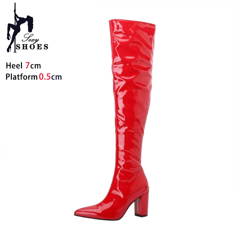 Red Women Over-the-Knee Boots 7CM Chunk Heels 2024 Spring Autumn Pointed Toe Leather Boots Club Party Fetish Long Shoes Size 43