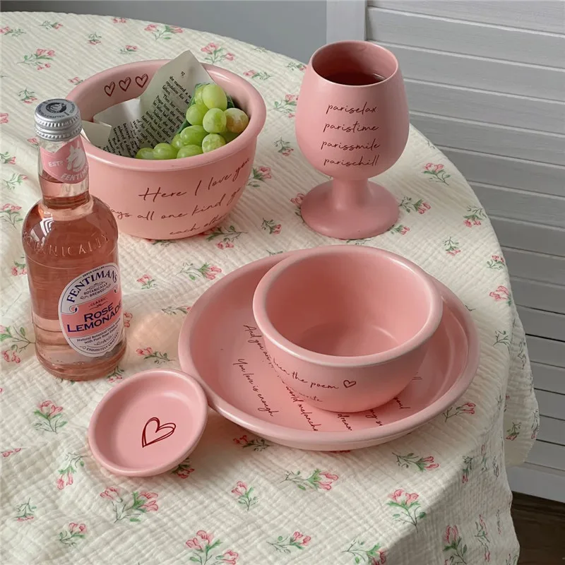 Original Pink English Tableware Girl's Heart-Looking Bowl Dish & Plate Cup Combination Set