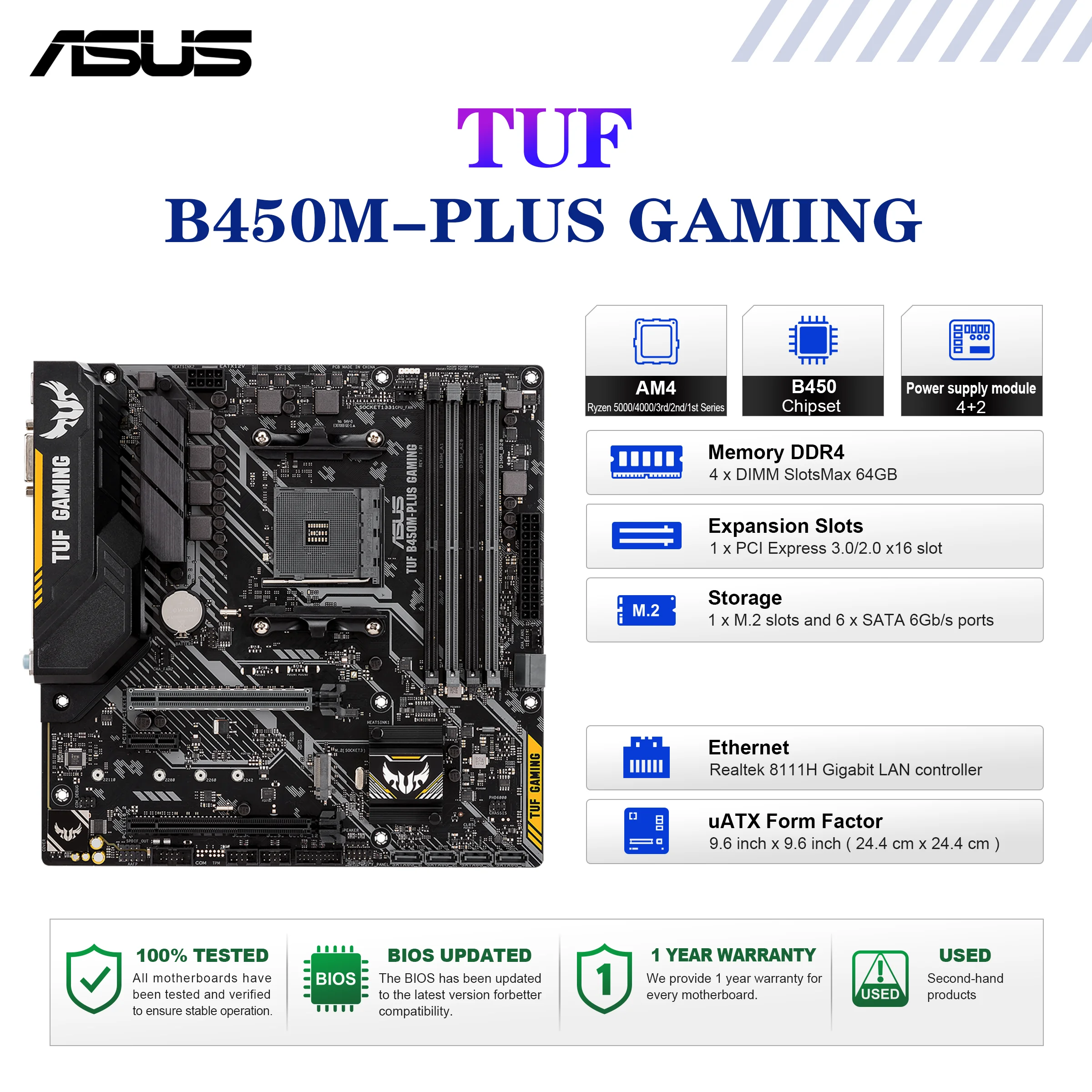Tarjeta Madre ASUS TUF B450M-PLUS GAMING, Socket AM4, Ryzen 5000/4000/3ra/2da/1ra Generación, Chipset de Memoria DDR4 4400, Placa Base B450