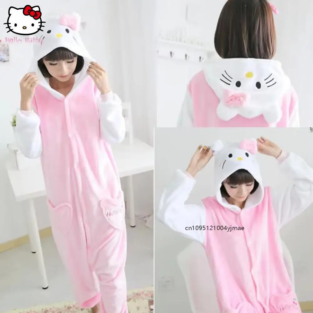 

Sanrio Hello Kitty Onesies Animal Cosplay Costume Pajamas Cartoon Adults One Piece Pyjamas Hooded Sleepwea Kawaii Fashion Loose
