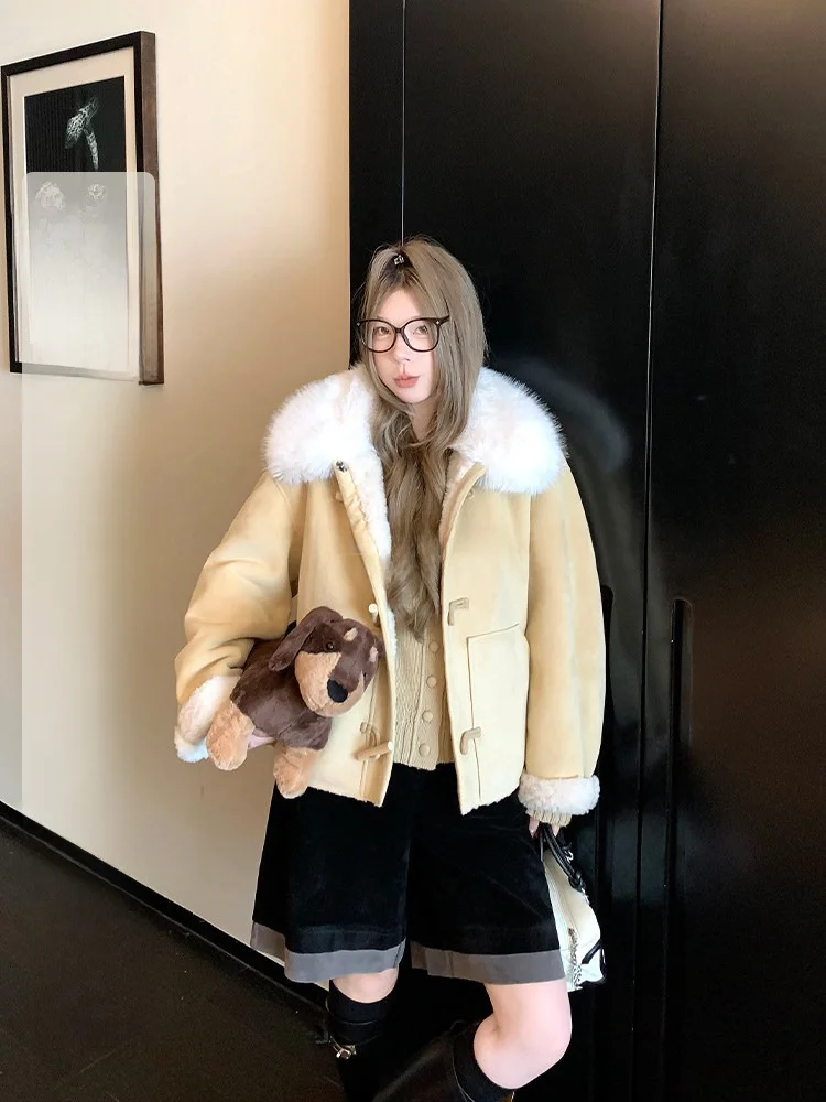 

Women's Lamb Fur Jacket Biker Style Coat Suede Collar Integrated Leather And Fur Autumn Winter Warm Casual Fashion Outerwear