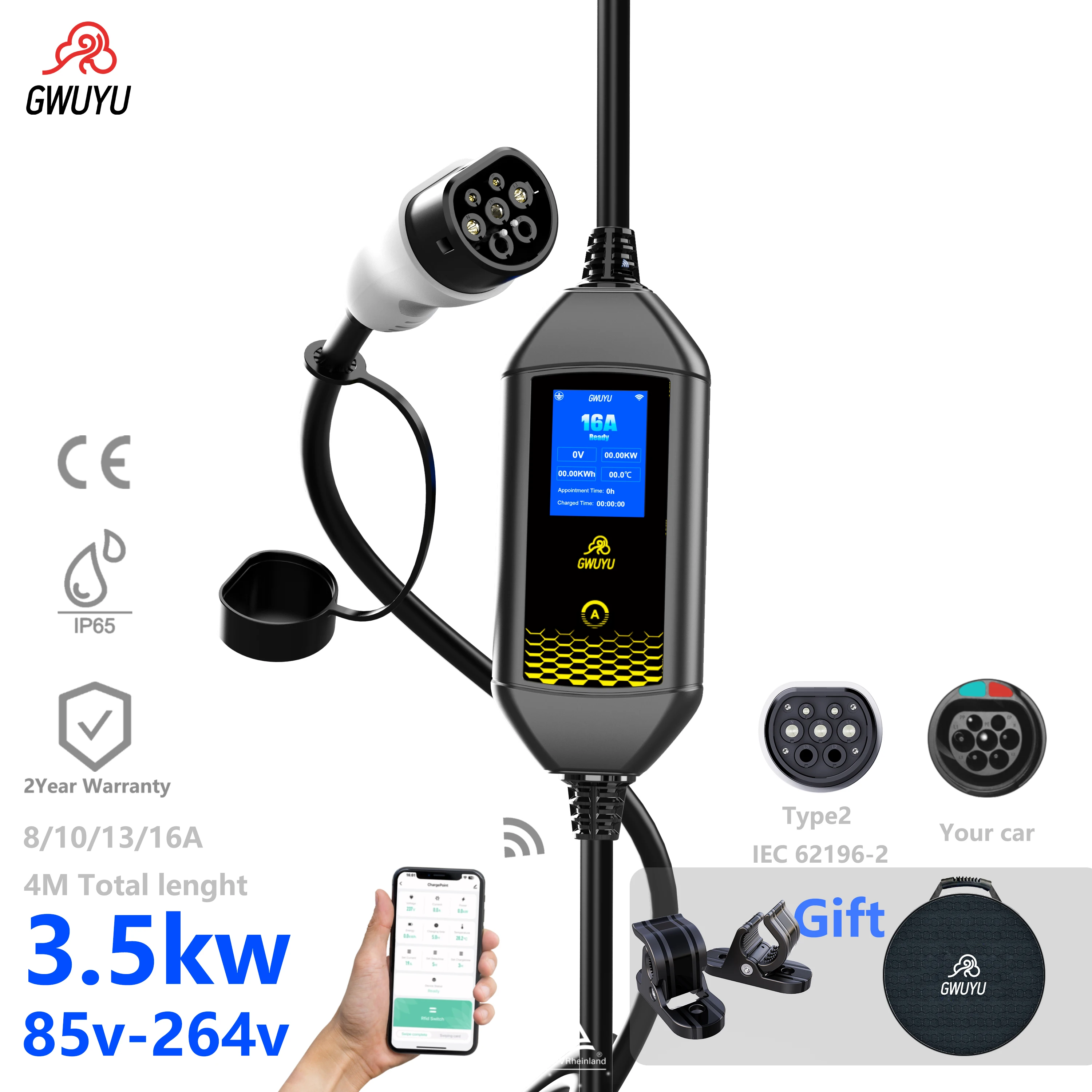 GWUYU Caricatore EV portatile da 3500W con WiFi, Tipo 2 IEC62196-2 EVSE, Wallbox da 4m con spina standard europea per uso domestico