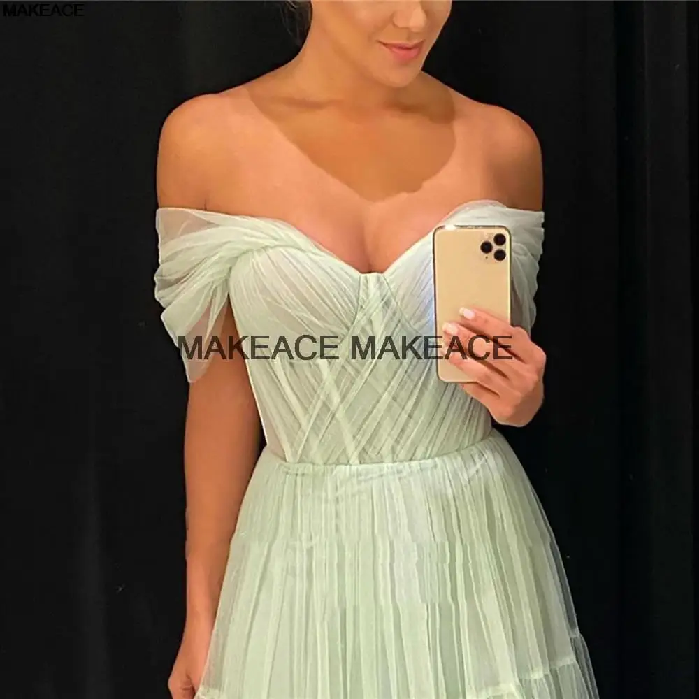 Light Green Tulle Long Prom Dresses Pleats Off the Shoulder Plus Size Women Party Gowns Evening Dress A Line Sweetheart