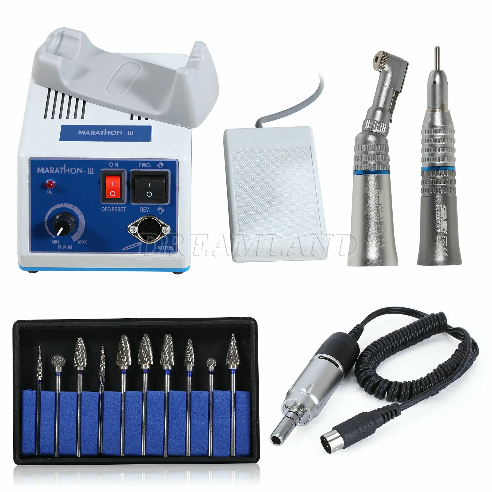 Dental Lab Electric Micro Motor 35K rpm N3 + Low Speed Surgical Contra Angle Straight Handpiece+10PCS Tungsten Carbide Steel Bur