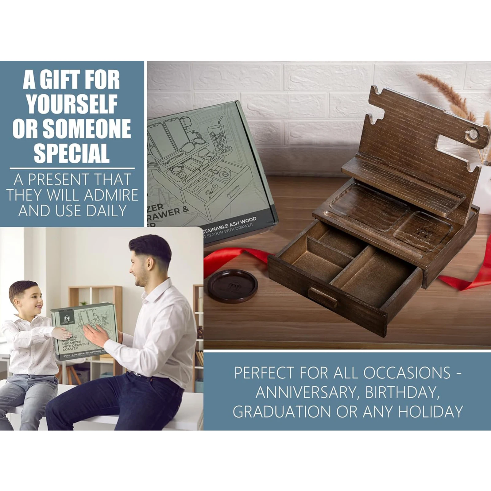 Wood Phone Docking Station with Drawer Key Holder Stand Watch & Accessories Gifts for Men Women Husband Son Boyfriend Him view 6