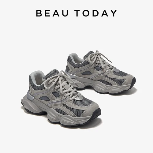 BEAUTODAY 여성용 청키 스니커즈, 메쉬 혼합 라운드 토 레이스업 두꺼운 밑창 2024, 통기성 여성용 스포츠 신발, 수제 HW29A14, 신제품 