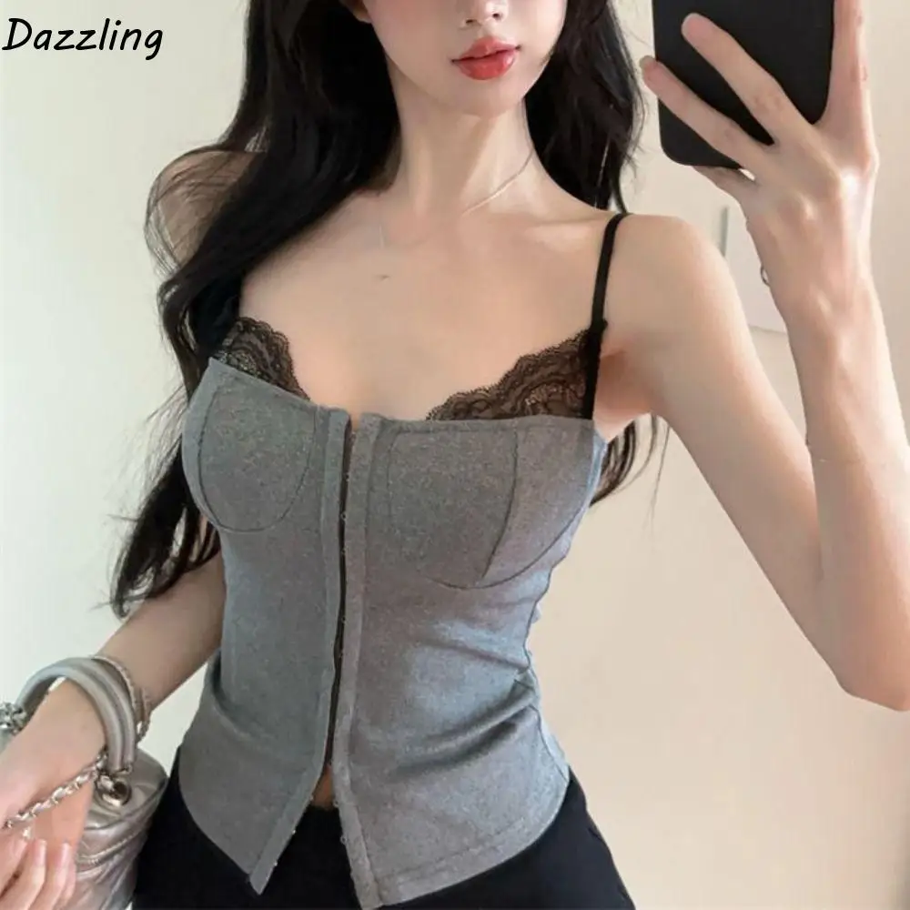 

Fashion Sleeveless Y2k Slim Crop Top Sweet Buckle Women's Lace Vest Top Undershirt Cartoon Camisole with Pads Lady