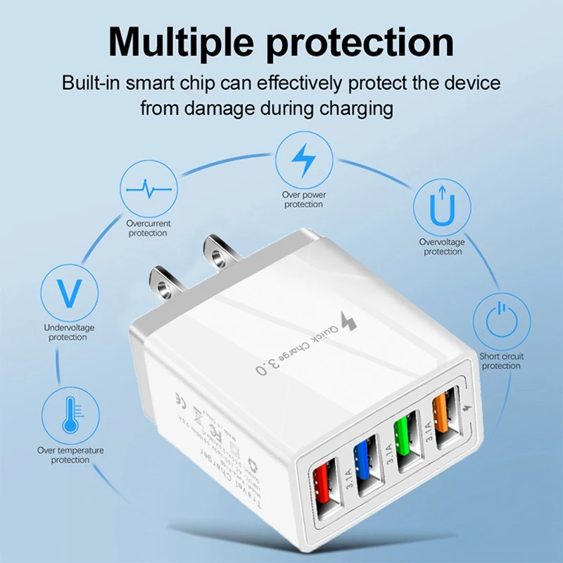 4 Adaptor Pengisi Daya Cepat USB, dengan Lampu LED Adaptor Pengisi Daya Cepat 5V3A Tipe C QC3.0 Pengisi Daya Cepat