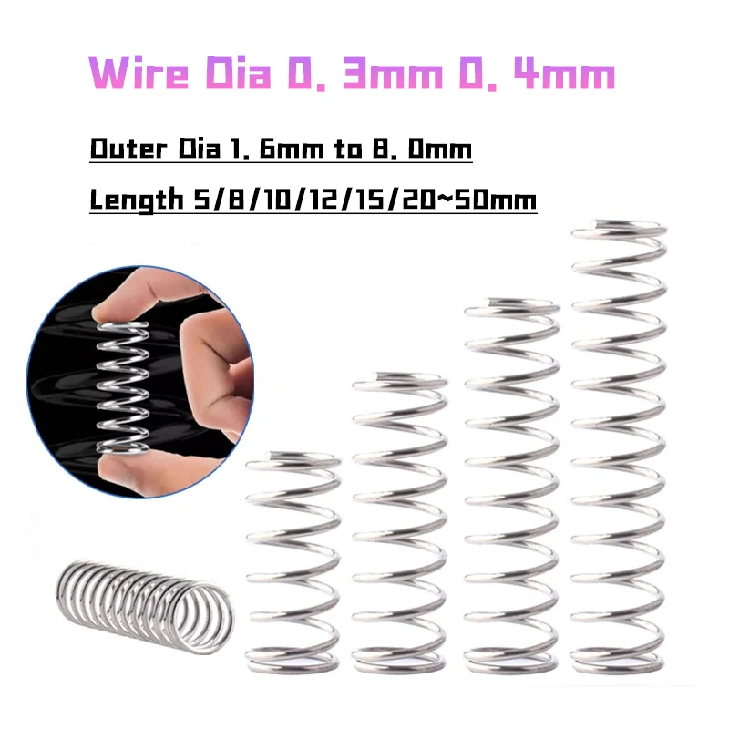10pcs/lot 0.3mm 0.4mm Wire Diameter 304 Stainles Steel Compression Spring Pressure Small Spring Length 5/8/10/12/15/20/25~50mm