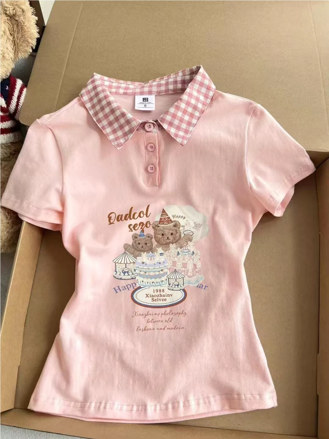 

Корейская женская футболка Sweet Pink Ne ort Sve с новым летним дизайном, в клетку, с вырезами на плечах