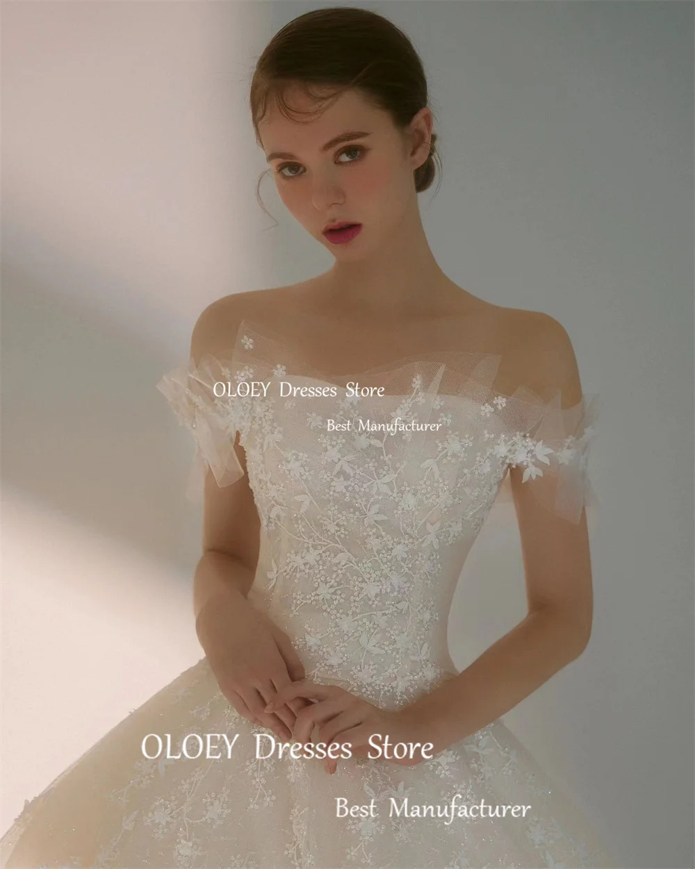 OLOEY-Robe de Rhsimple en dentelle et tulle, robes de mariée, longueur au sol en fibre, train de balayage, patients, quoi que ce soit, séance photo off initiée