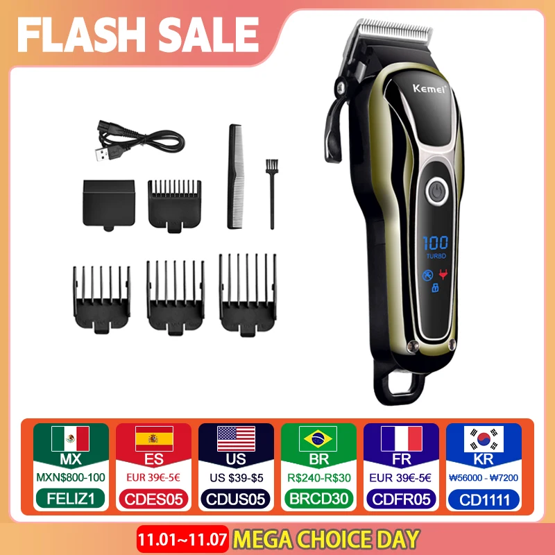 Kemei-Profissional Cordless Recarregável Hair Clipper para Homens, Aparador Elétrico, Cortador De Barba, Máquina De Corte De Cabelo, LCD, KM-1990