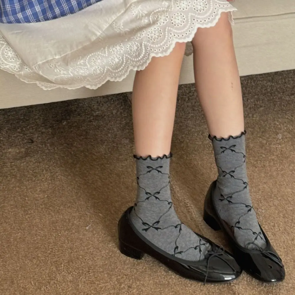 

5Pairs Soft Thin Cotton Ruffle Bow Socks Ins Style Breathable Mid Tube Socks Lolita Female Hosiery Sweet Socks Women Lady